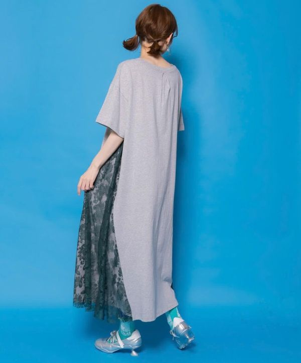 下午茶貓咪拼接蕾絲長版洋裝 