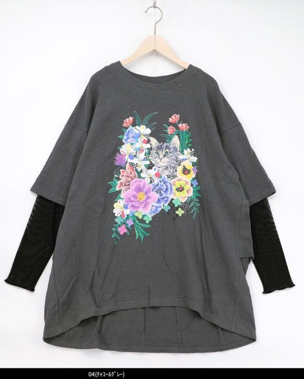 貓咪花朵假兩件上衣 