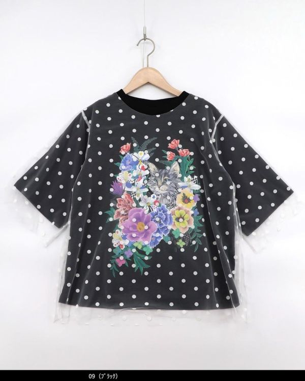 貓咪花朵植絨點點拼紗上衣 