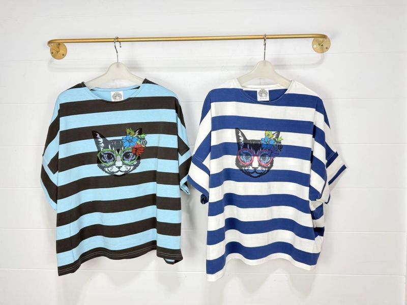 貓咪眼鏡橫條紋上衣 