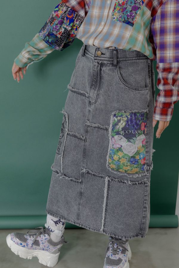 玫瑰毛邊牛仔拼接裙 