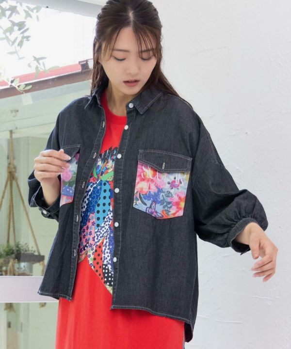 花卉口袋牛仔襯衫 