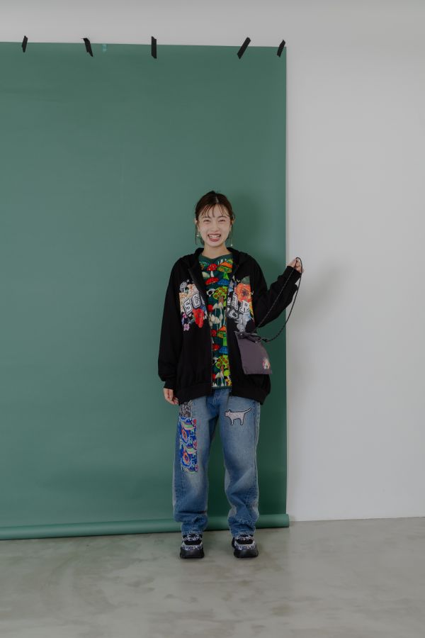 花朵塗鴉拉鏈袋子連帽外套 