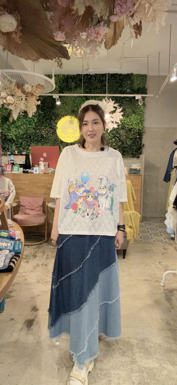 海浪紋路蝴蝶牛仔拼接裙 