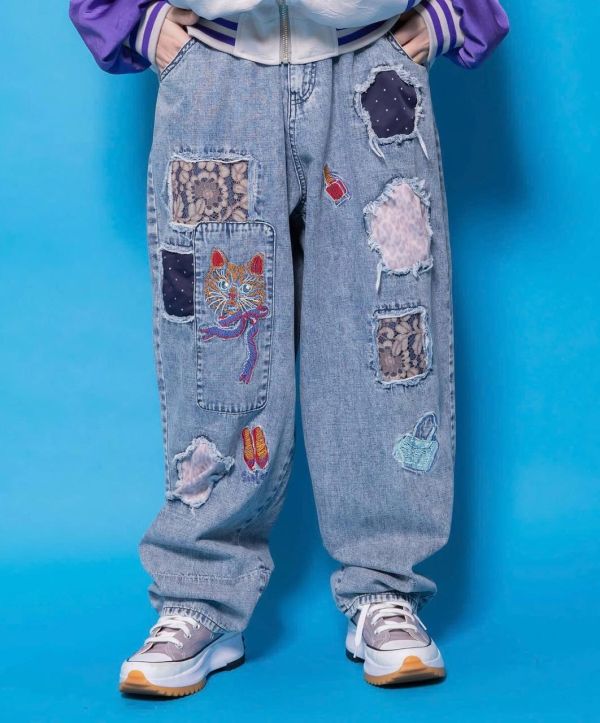 海外限定-貓刺繡牛仔褲 