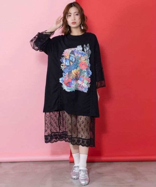 塗鴉拼接蕾絲長版衣 