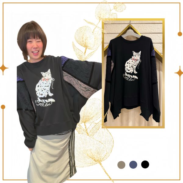 蕾絲帽貓拼接造型上衣 