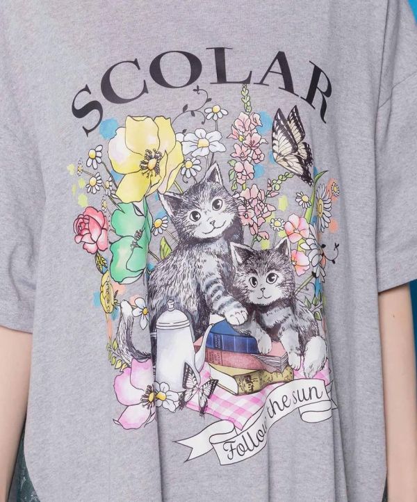 下午茶貓咪拼接蕾絲長版洋裝 