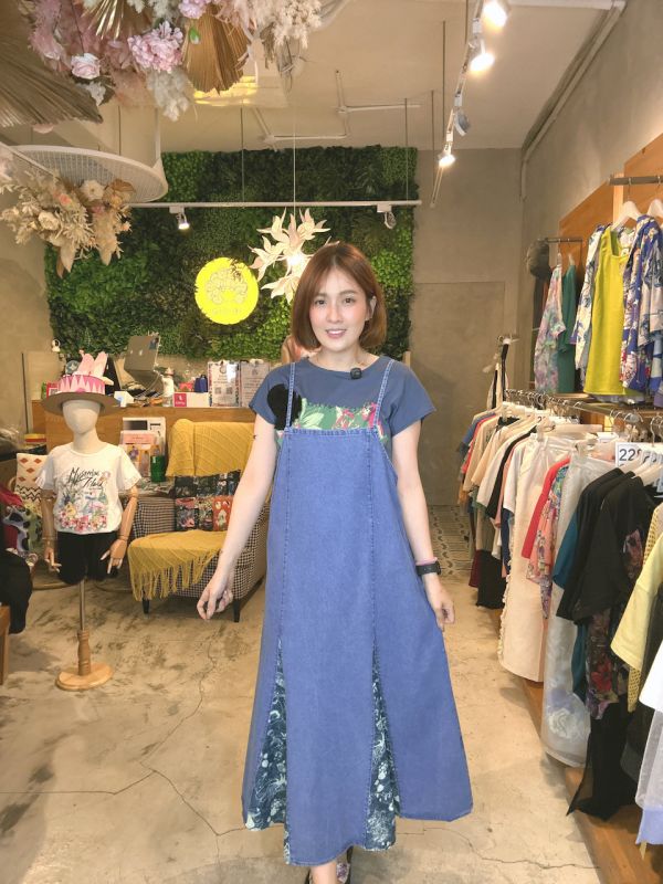 插畫拼接細肩帶洋裝 