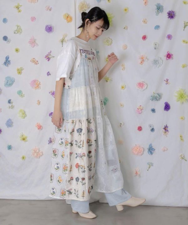 花草蕾絲拼接細肩帶洋裝 
