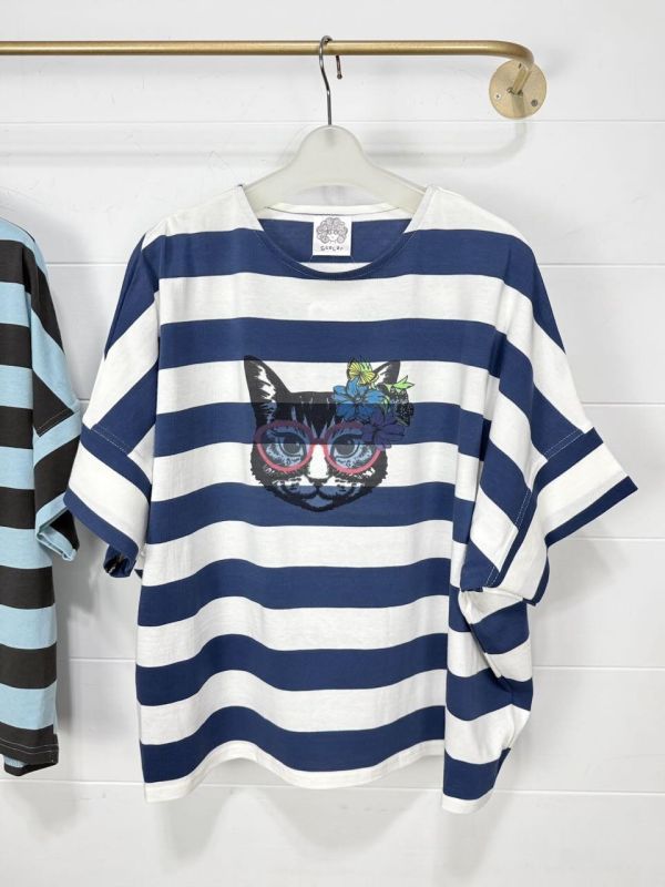 貓咪眼鏡橫條紋上衣 