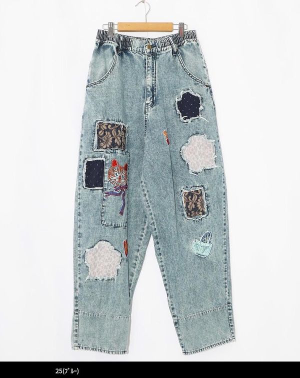 海外限定-貓刺繡牛仔褲 
