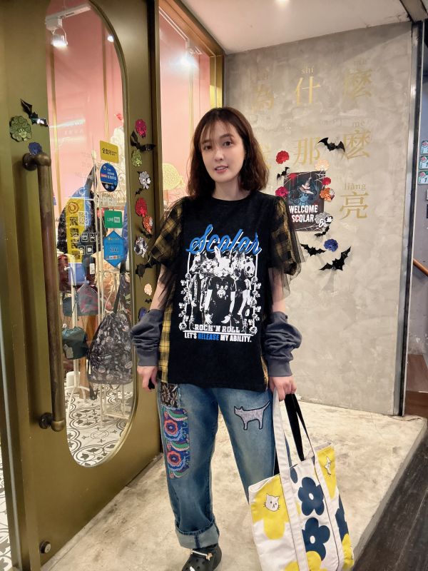 可拆袖-動物搖滾格子拼紗上衣 