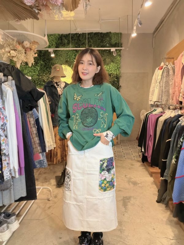 玫瑰毛邊牛仔拼接裙 