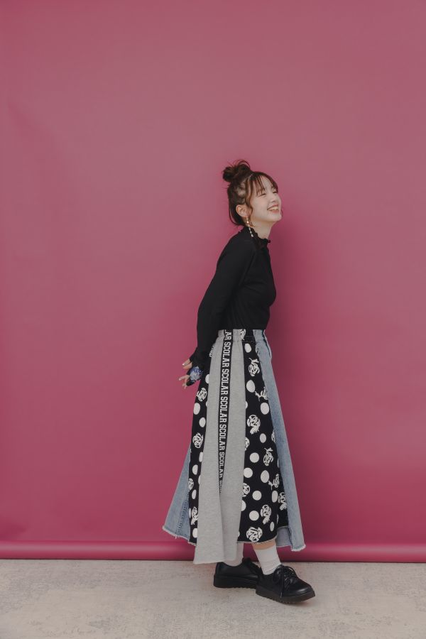 點點牛仔拼接裙 