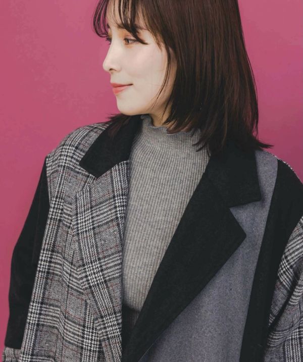 格子拼接花朵蕾絲長版大衣 