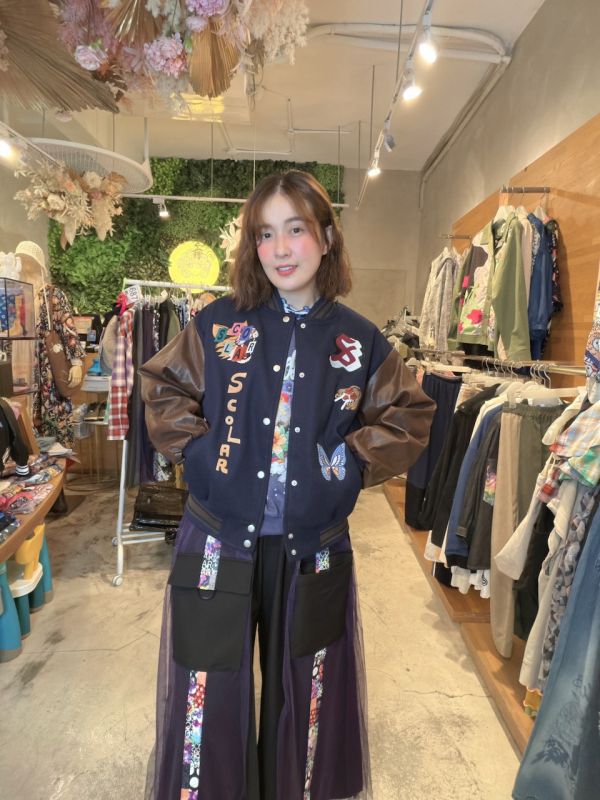 皮革拼接棒球外套 