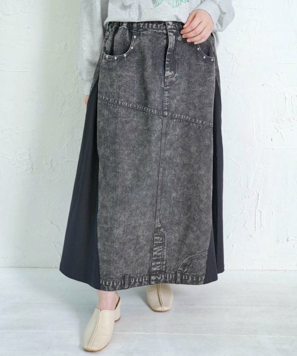 牛仔拼接A字裙 