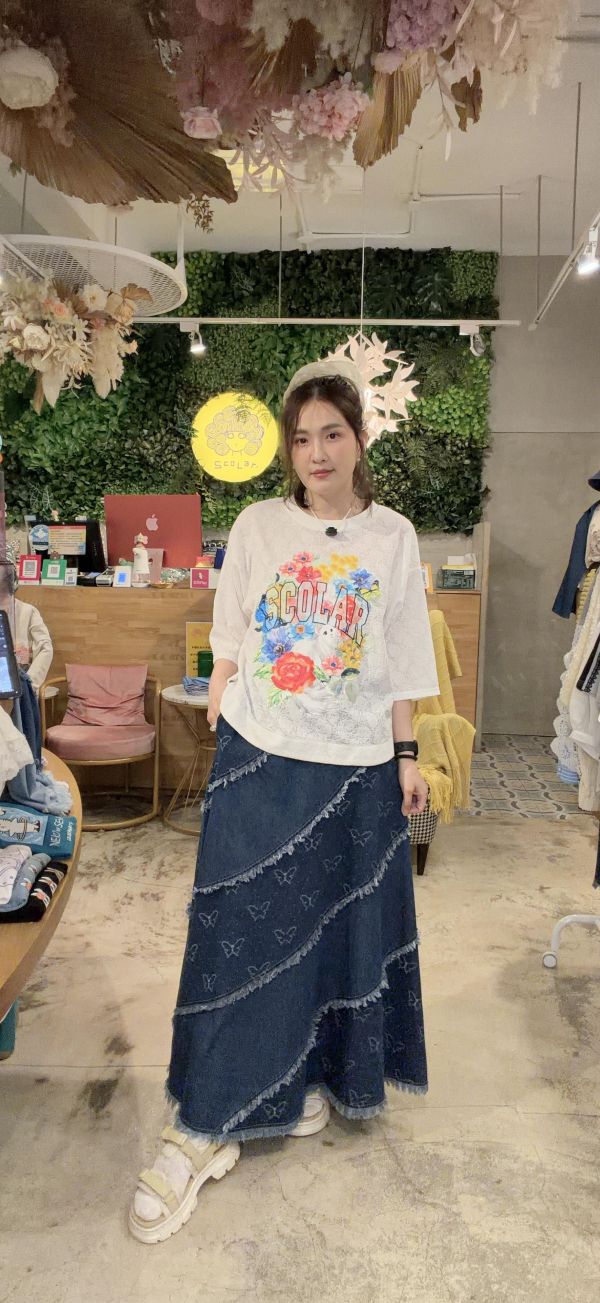 海浪紋路蝴蝶牛仔拼接裙 