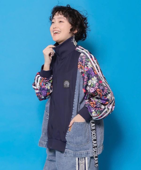 暹羅貓花朵運動牛仔拼接外套 