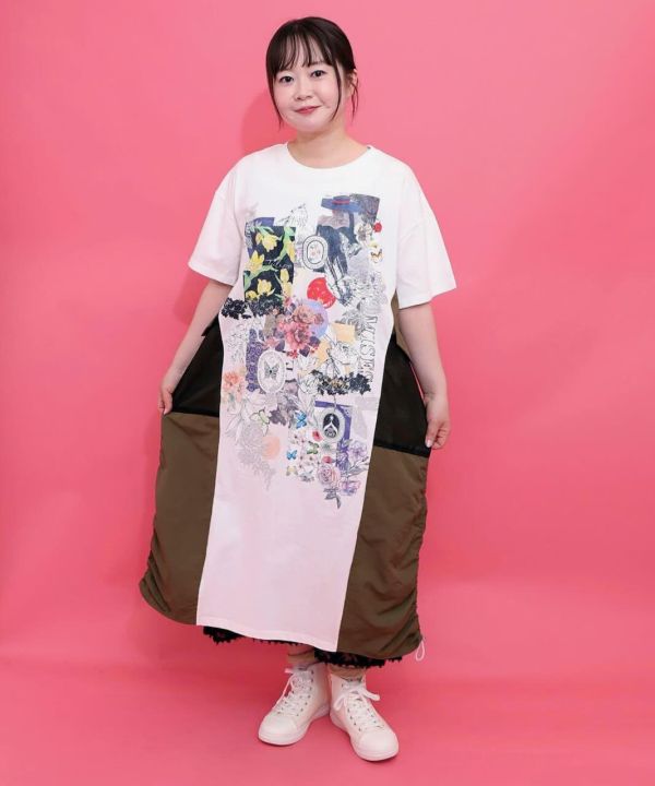 塗鴉異材質抽繩洋裝 