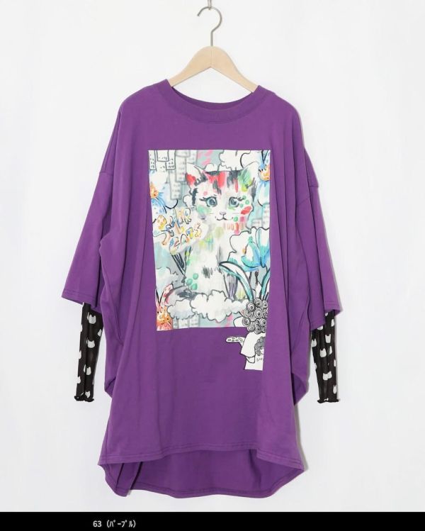 貓咪假兩件裝長版上衣 