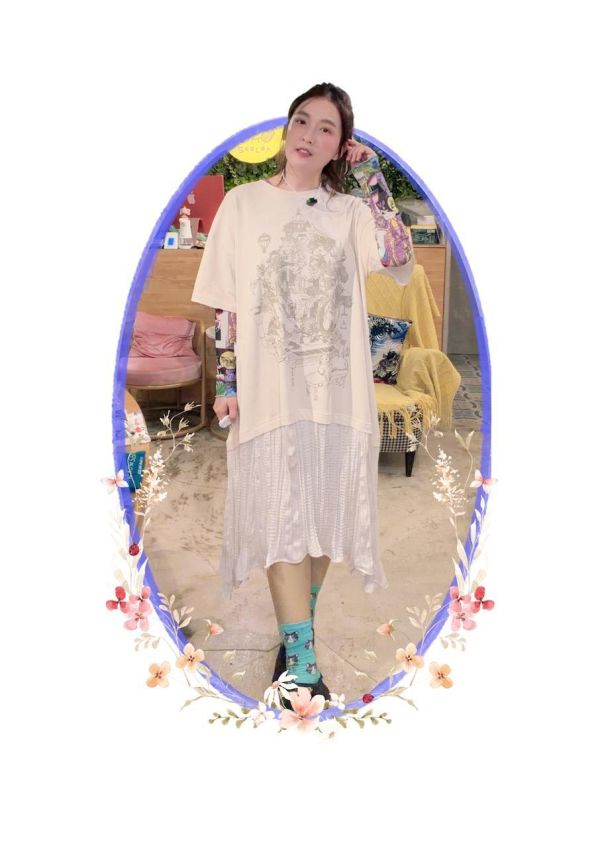 金箔貓咪鋼琴造型拼接洋裝 