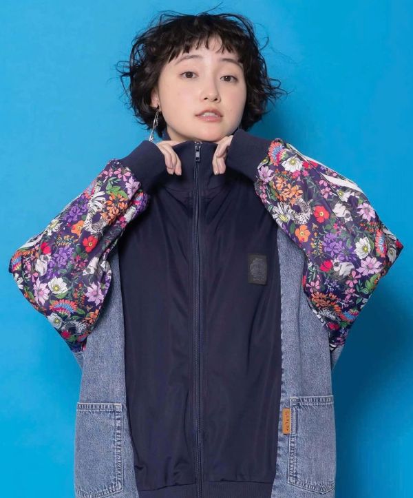 暹羅貓花朵運動牛仔拼接外套 