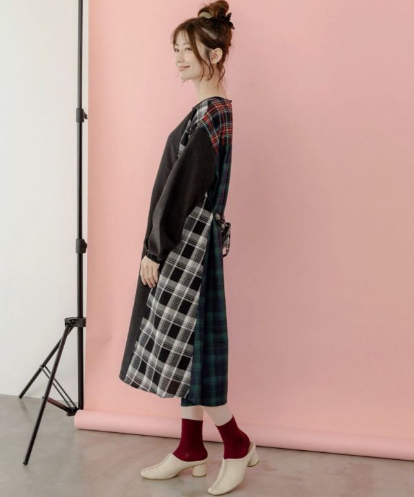 異材質拼接綁帶洋裝 