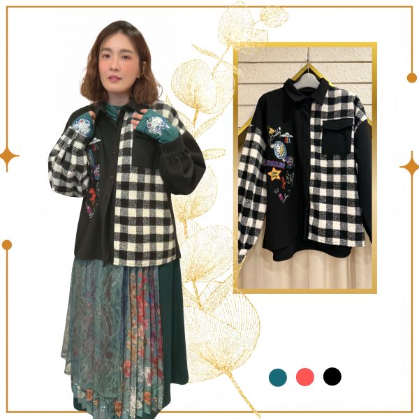 塗鴉刺繡格子拼接襯衫 