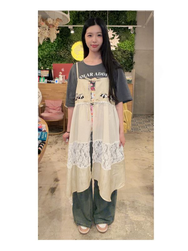 小熊貓異材拼接細肩帶洋裝 