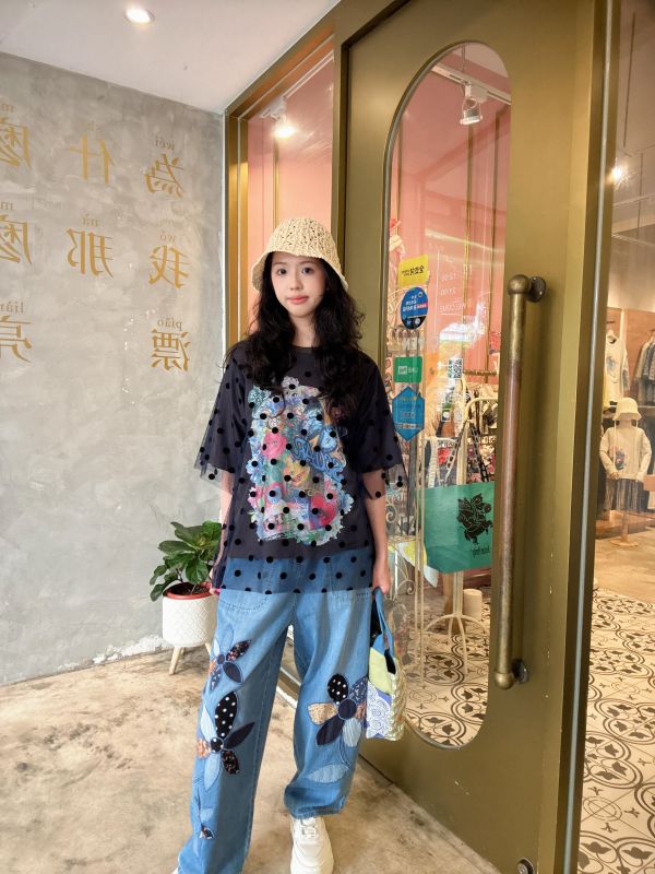 拼接花朵牛仔褲 