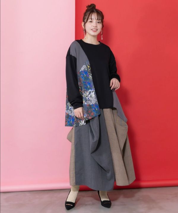 變形抓皺拼接裙 