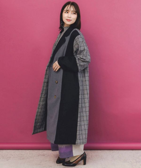 格子拼接花朵蕾絲長版大衣 