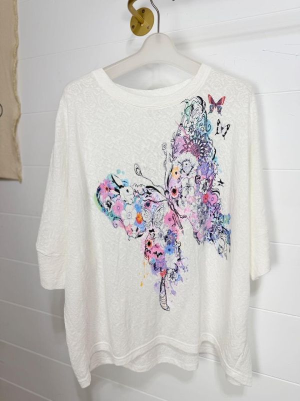 蕾絲布-花朵塗鴉蝴蝶上衣 