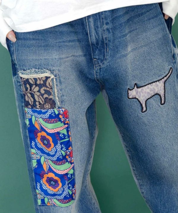 花豹貓拼接牛仔褲 