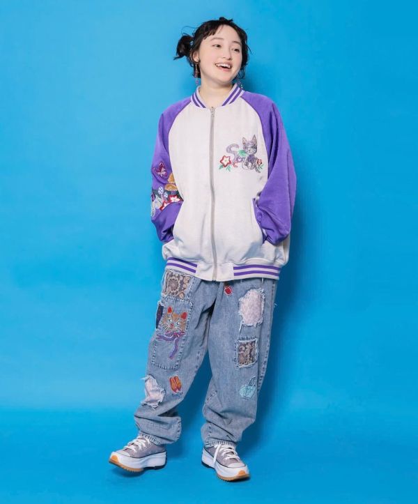 海外限定-貓刺繡牛仔褲 