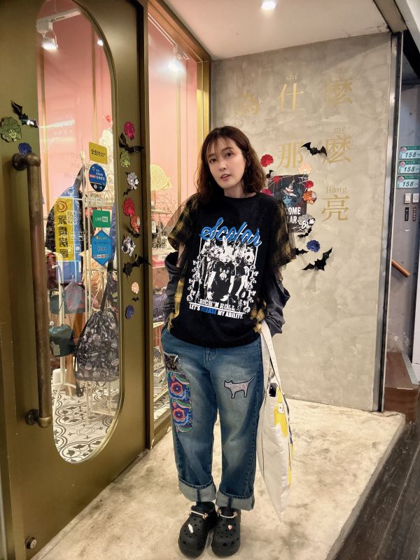 可拆袖-動物搖滾格子拼紗上衣 