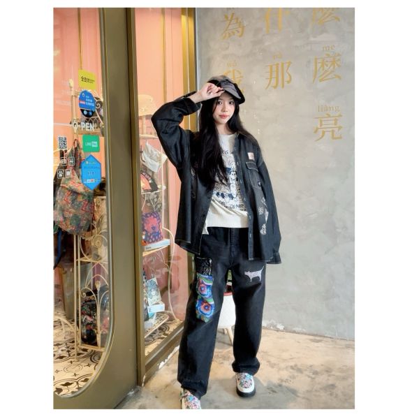 花豹貓拼接牛仔褲 