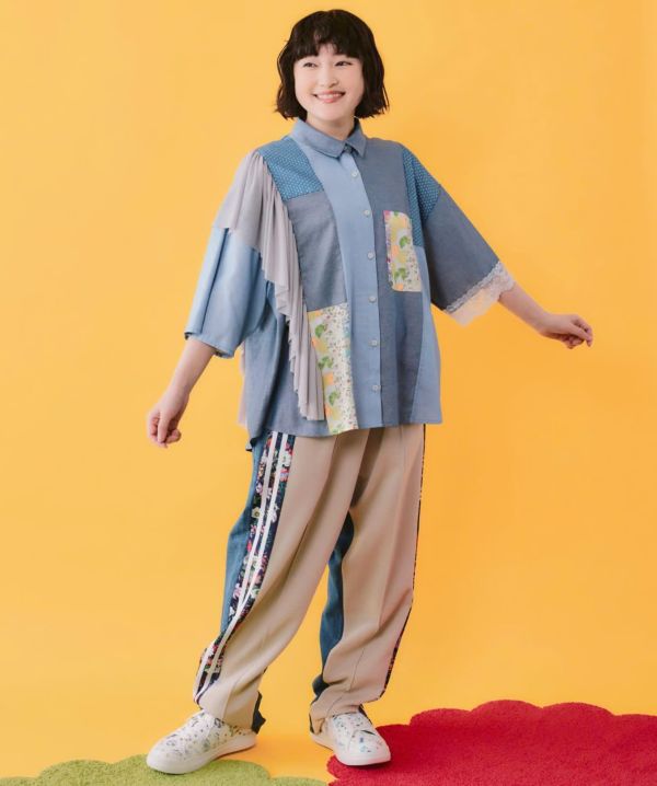 軟蕾絲牛仔拼接襯衫 