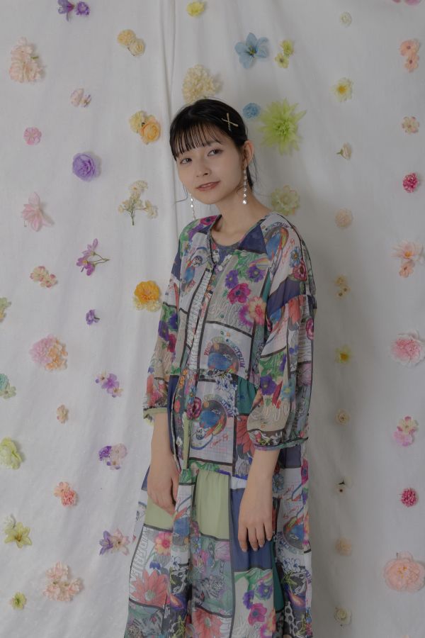 格子宇宙V領長版洋裝 