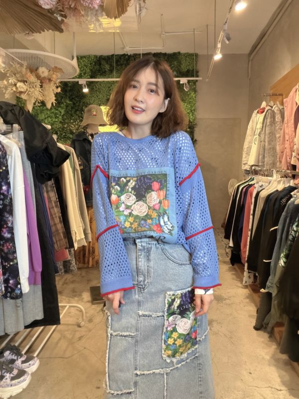 玫瑰毛邊牛仔拼接裙 