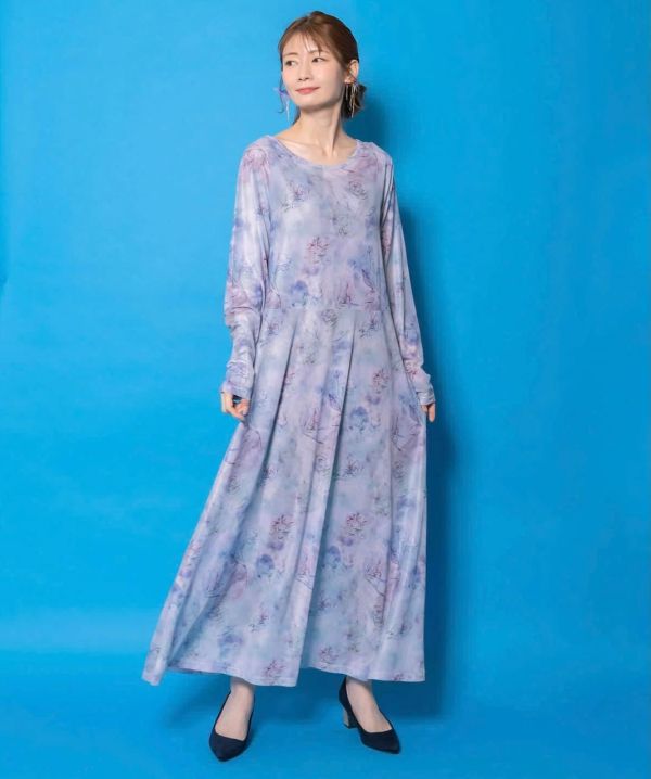 兩件式暈染花朵長版造型洋裝 