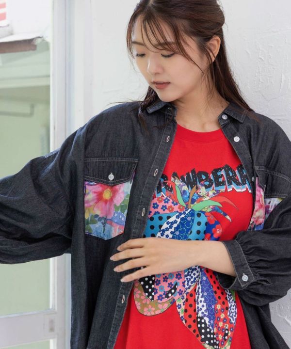 花卉口袋牛仔襯衫 