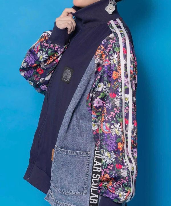暹羅貓花朵運動牛仔拼接外套 