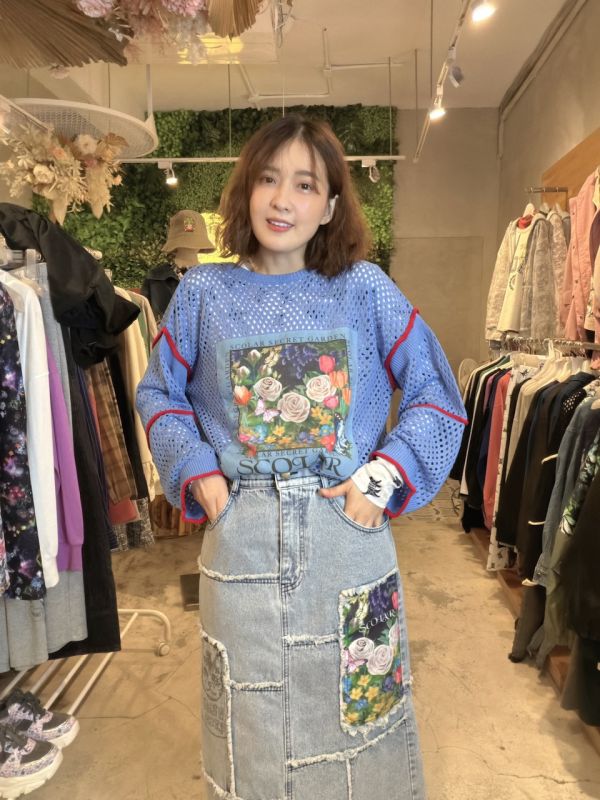 玫瑰毛邊牛仔拼接裙 