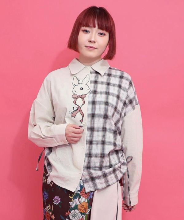 兔子刺繡格子拼接襯衫 