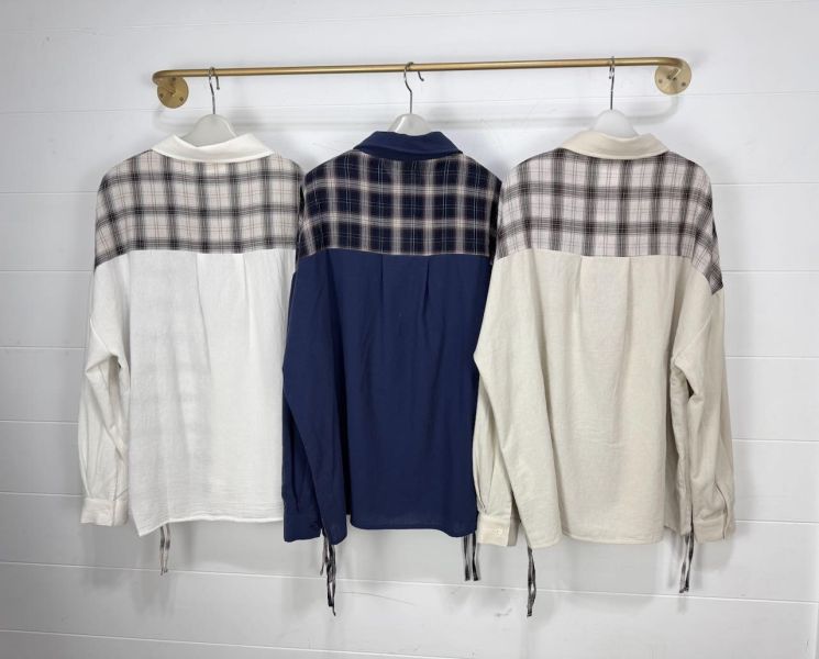 兔子刺繡格子拼接襯衫 