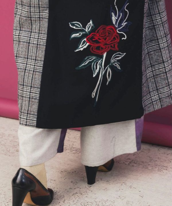 格子拼接花朵蕾絲長版大衣 