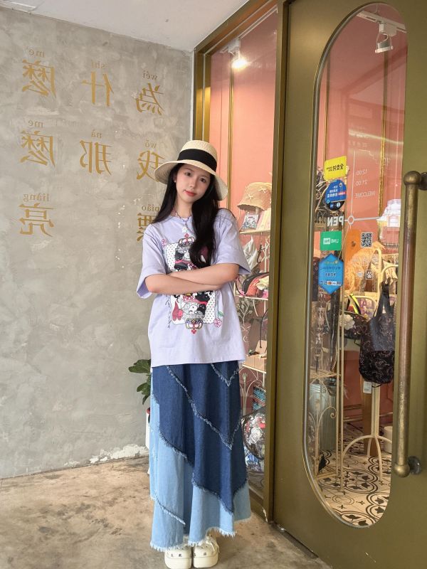 海浪紋路蝴蝶牛仔拼接裙 